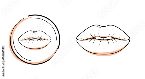 Minimalist line art icons of lips, one set enclosed in a circular, abstract frame and the other standalone on a white background.