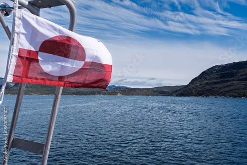 National Flag of Greenland on Boat in Disko Bay, Greenland