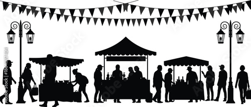 Outdoor street market silhouette with people shopping at stalls, festival fair with bunting flags and vintage street lamps, black and white vector illustration