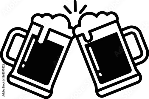 Two beer mugs with foam foam clinking together for celebration toast vector icon of glass handles for tavern and brewery brand identity isolated on transparent grid background art