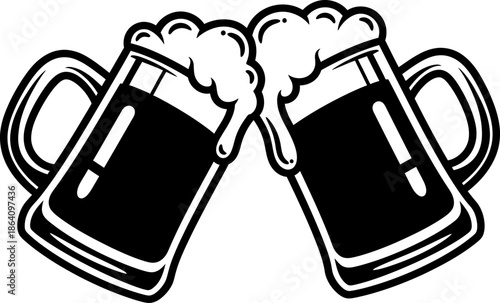 Professional beer mugs clinking with foam and highlight reflections vector icon of traditional glass handles for celebration toast and tavern branding isolated on transparent grid art