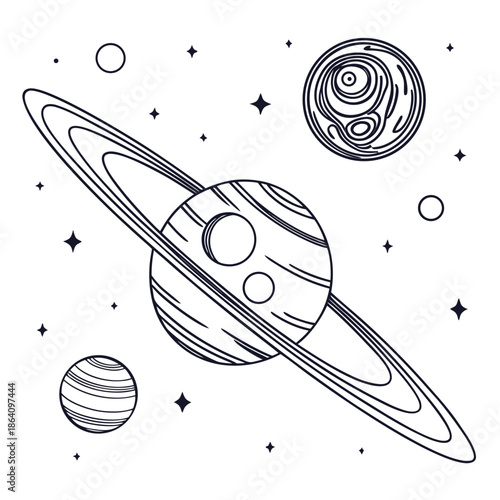 Planet with ring and two moons in space stars