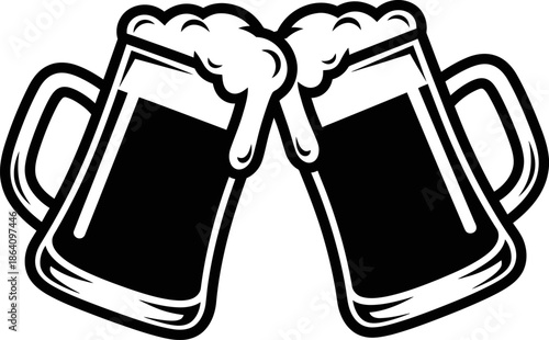 Artistic beer mugs clinking with overflowing foam for celebration and toast vector icon showing detailed frothy bubbles for brewery festival or tavern branding and menu design art