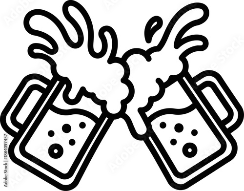 Splashing beer mugs clinking with bubbles and foam for dynamic celebration toast vector icon of two glass mugs with spilling beverage for brewery party and social gathering design