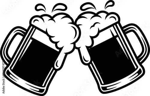 Two beer mugs clinking together in a celebratory toast with a rich, dark brew and frothy head, depicted in a bold black and white vector graphic style on transparent background