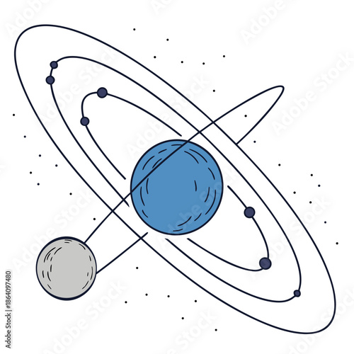 Blue planet with ring and moon in elliptical orbit