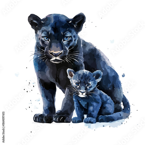 Mother Panther With Her Kid, beautiful watercolor illustration with vivid colors and detailed vector style, isolated on a white background.