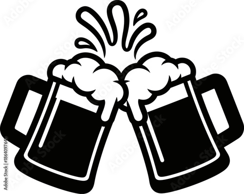 Two beer mugs clinking together with frothy beer and splashes celebrating toast with refreshing beverage in vector graphic illustration for festive occasions