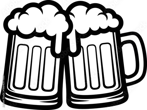 Pair of traditional german beer steins side by side showing vertical segments and thick foamy heads dripping down detailed outline vector illustration suitable for oktoberfest promotions 