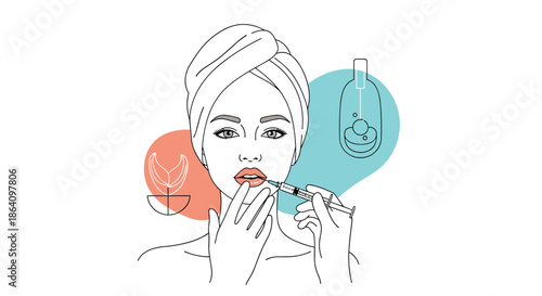 Beauty and cosmetology concept illustration of a woman receiving a lip filler injection, with abstract shapes and icons in the background.