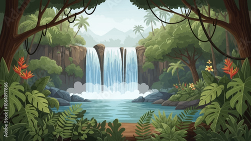 Serene Waterfall Paradise: An idyllic jungle scene, a breathtaking waterfall cascading into a tranquil lagoon, embraced by lush green foliage and towering trees. A symphony of nature's beauty