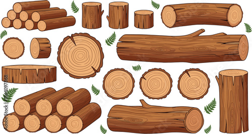 Wood logs and tree trunk elements set with different cuts cartoon forest vector illustration