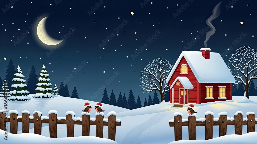 Fototapeta premium A charming winter night scene with a snow-covered red house, glowing windows, a crescent moon, and two small birds on a fence.