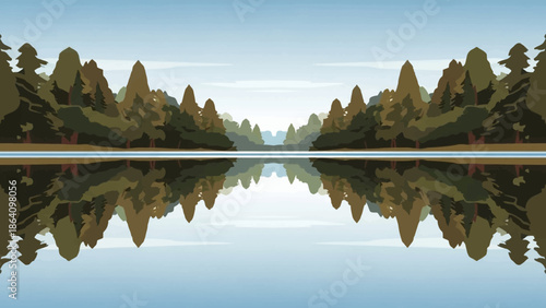 Serene lake reflection: A tranquil view of a placid lake, mirroring the surrounding trees, and sky in a moment of pure serenity. The image presents calm, peaceful and natural scenery.