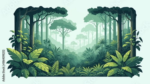 Whispering Woods: An inviting woodland scene, featuring lush green plants and towering trees, evokes a sense of tranquility.