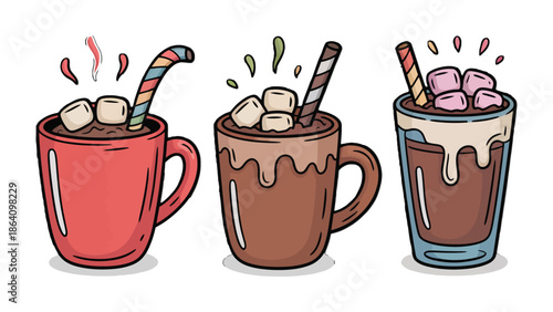 Warm Cups of Chocolate: a trio of cozy mugs filled with rich, steaming chocolate, adorned with fluffy marshmallows and tempting stirrers, offering a delightful treat.