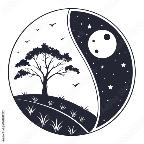 Yin yang symbol with tree and stars moon night and day