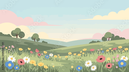 Floral Serenity: a vibrant meadow flourishing under a tranquil sky, blossoms of diverse colors dot the landscape, conveying the serenity of natural life.