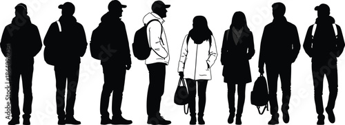 People silhouettes standing in urban street style clothing, diverse men and women waiting or walking, everyday lifestyle figures isolated on white background vector illustration
