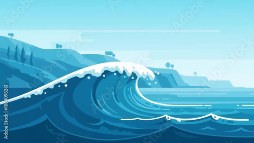 Ocean Wave Illustration: The illustration depicts the raw power of the ocean with a towering wave crashing towards a shoreline, portraying the untamed energy and beauty of the sea.