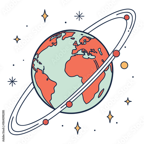 Glowing earth with spinning axis and rings planet globe