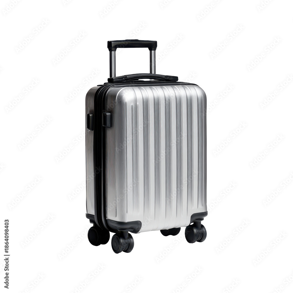 Fototapeta premium Silver Hard-Shell Suitcase With Wheels. Travel And Luggage Solutions. Isolated On Transparent Background