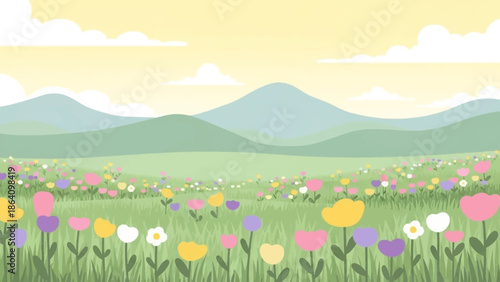 Floral Panorama: A breathtaking view of colorful flowers blossoming in a picturesque meadow under a clear, bright sky, inviting a sense of peace and tranquility.