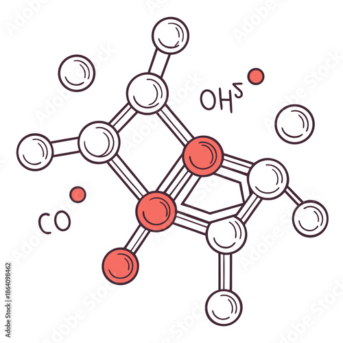 Red and white molecule structure with chemical bonds and labels