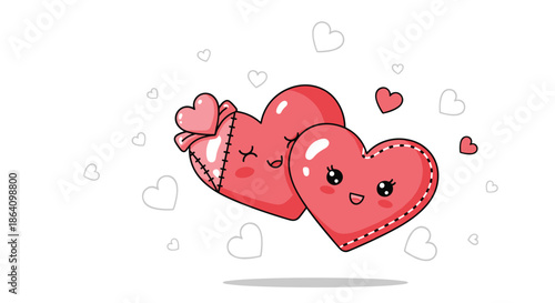 Two adorable kawaii-style heart characters, one patched and stitched, floating together amidst smaller hearts in a cute romantic illustration.