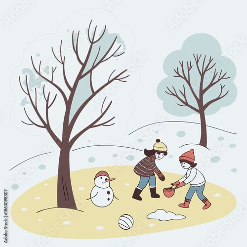 Children playing in snow with snowman and bare trees