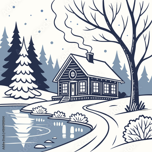 Snowy house by a lake with trees and snowflakes winter