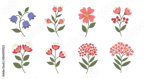 Beautiful collection of eight different stylized flowers and berry branches, illustrated in a charming, flat folk art style.