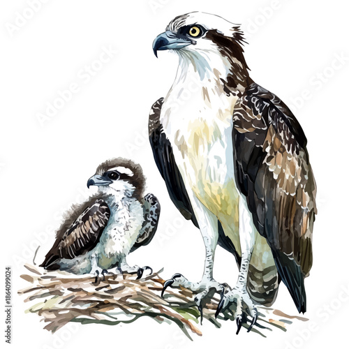 Mother Osprey With Her Kid, high quality watercolor illustration with transparent textures, isolated on a white background.