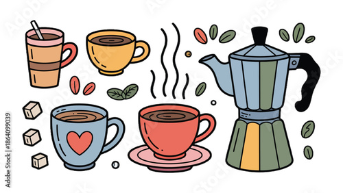 Coffee Collection: An inviting assortment of coffee cups, a classic coffee pot, and delightful embellishments create a cozy and warm appeal.