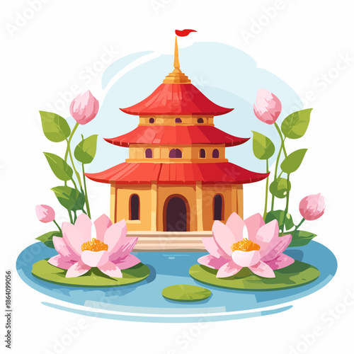 Pagoda by Lotus Pond Asian Temple Cartoon Nyepi Day.