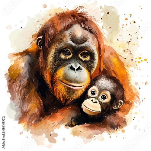 watercolor graphic of Mother Orangutan With Her Kid, isolated on a white background.