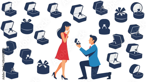 Man proposing to woman with multiple ring boxes in background