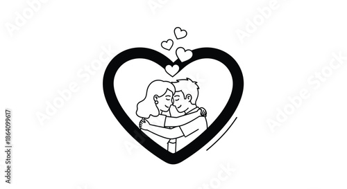 Simple and sweet line art icon of a loving couple embracing inside a large heart frame, symbolizing love and togetherness.