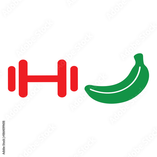 A vibrant illustration of a dumbbell and banana in bold colors silhouette