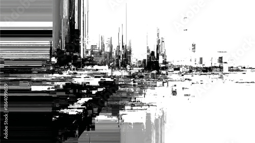 Glitchy cityscape with distorted skyscrapers and buildings  urban landscape with digital error effect