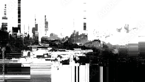 Glitchy cityscape with distorted skyscrapers and digital noise  urban landscape with broken pixels