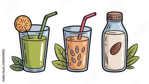 Refreshing Beverages Trio: Three visually appealing glasses filled with a vibrant green smoothie, a tangy orange juice with seeds and a bottle of almond milk, garnished with a citrus slice.