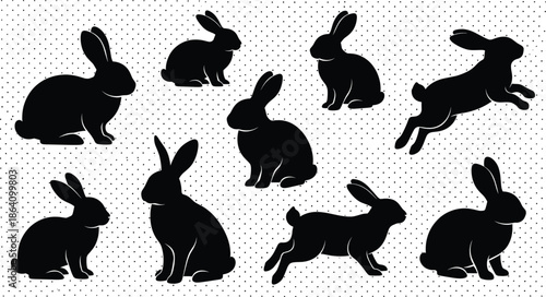 Black rabbit silhouette set in different poses running sitting jumping minimal animal vector illustration