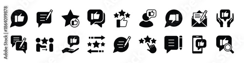 Feedback, review, and satisfaction icon set. Contains like, comment, thumb up, star, positive rating for testimonial, quality, service, opinion. Speech bubble communication for social media - vector