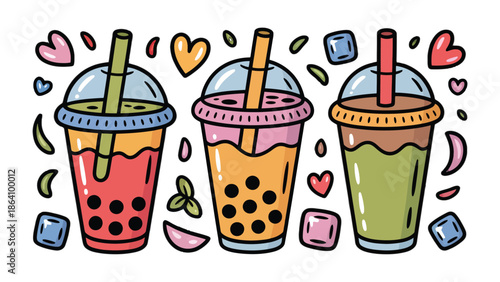 Refreshing Boba Trio: Vibrant illustration of three delightful boba drinks, each bursting with flavor and color, adorned with charming details that evoke a sense of playfulness and joy.