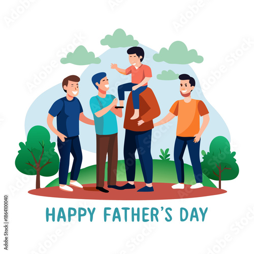 Happy Father's Day banner. Group of fathers and grandfather walking with children in the park. Modern flat vector illustration of dads holding kids, baby, and toddler. Parenting and male care concept.