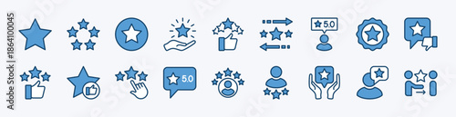 Set of rating, review, satisfaction icon vector. Contains five stars, thumb up and down, positive for customer service, feedback, best quality, testimonial, opinion, evaluation, performance