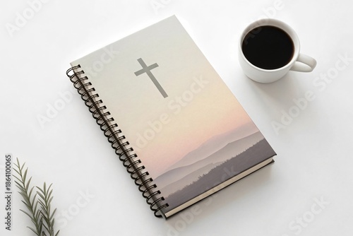Spiritual Reflection with Coffee: A notebook adorned with a cross rests beside a comforting cup of coffee, creating a serene moment. perfect for contemplation and spiritual exploration.