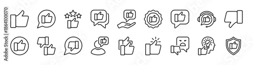 Social media icon set. Contains like button, thumb up, thumb down, good comment, positive label, accept, yes, ok, satisfied emoji for customer service, feedback, experience, confirm - illustration