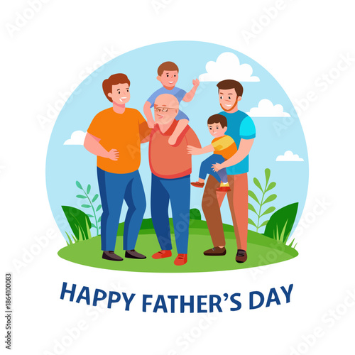 Happy Father's Day banner. Group of fathers and grandfather walking with children in the park. Modern flat vector illustration of dads holding kids, baby, and toddler. Parenting and male care concept.
